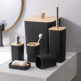 6 in 1 Bathroom Accessories Set with Wooden Top Complete Countertop Organizer