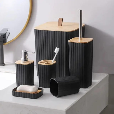 6 in 1 Bathroom Accessories Set with Wooden Top Complete Countertop Organizer