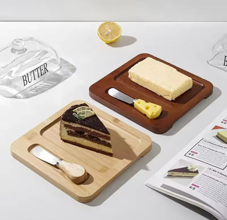 600ml Glass Butter Dish with Bamboo Tray and butter knife