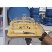 600ml Glass Butter Dish with Bamboo Tray and butter knife Butter Dishes