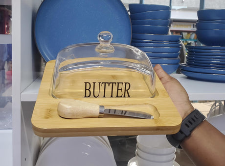 600ml Glass Butter Dish with Bamboo Tray and butter knife