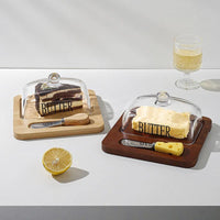 600ml Glass Butter Dish with Bamboo Tray and butter knife Butter Dishes