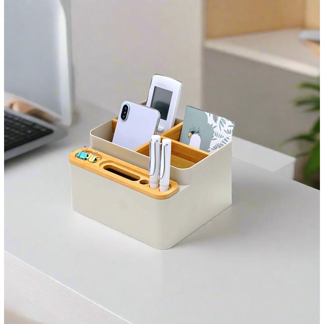 MultiPurpose Adjustable Rectangular Desktop Offfice Organizer with Dividers & Wooden Cover | White |Multipurpose Storage Organizer | Simple Tissue Box | Home Desks | Office Desks | Workspaces