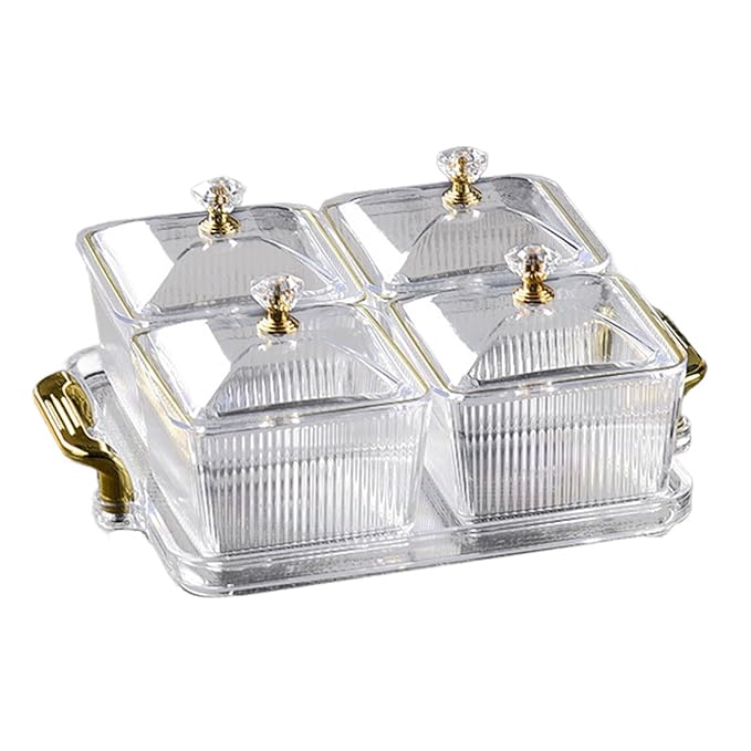 Acrylic Snack Serving Tray 22x22cm Tray with 4pcs 300ml Storage Boxes Clear 4 Grid.