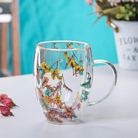 Flowered Double Walled Mug | 350ml Capacity | Coffee and Tea Cup with Handle | Ideal For Serving Coffee, Tea, Milk, & Other Hot Or Cold Beverages- Furaha Finds Kenya