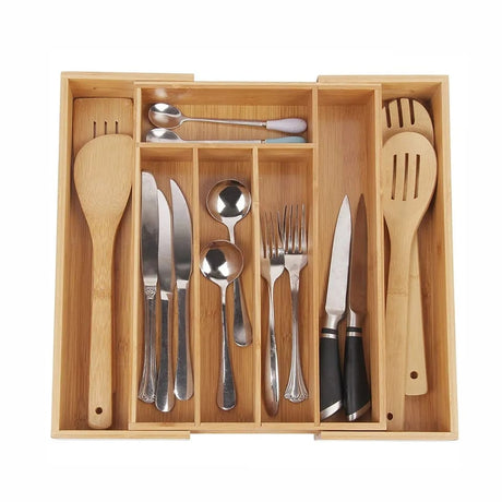 Expandable Bamboo Drawer Cutlery Organizer | Eco Friendly Bamboo Flatware & Silverware Tray | Adjustable Kitchen Utensil Organizer- Furaha Finds Kenya