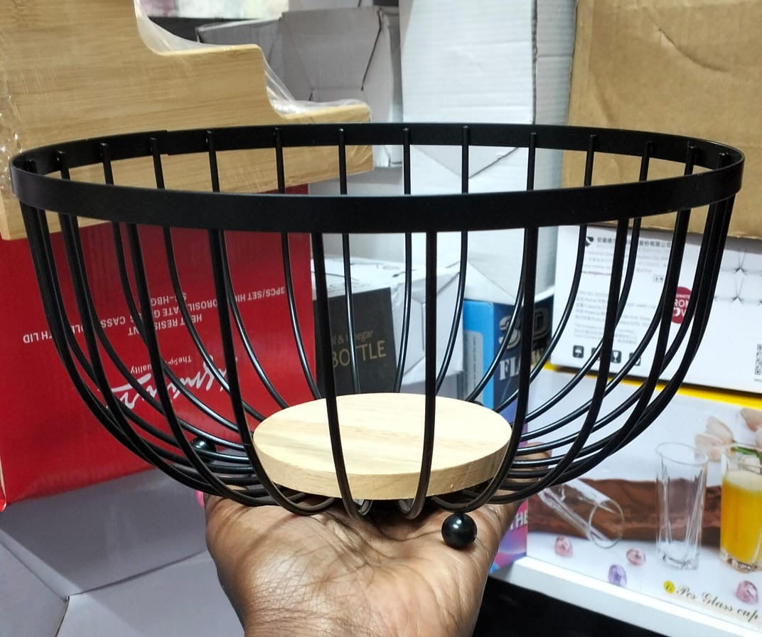 Heavy-Duty Black Fruit Basket with Bamboo Base – 25cm Diameter | Decorative & Functional- Furaha Finds Kenya