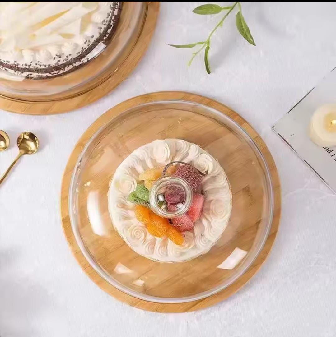 Dome Shape Glass Cake Cover – 28cm Borosilicate Glass with Bamboo Base