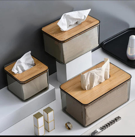 Acrylic Transparent Serviette Holder with Bamboo Lid – Modern Napkin Dispenser