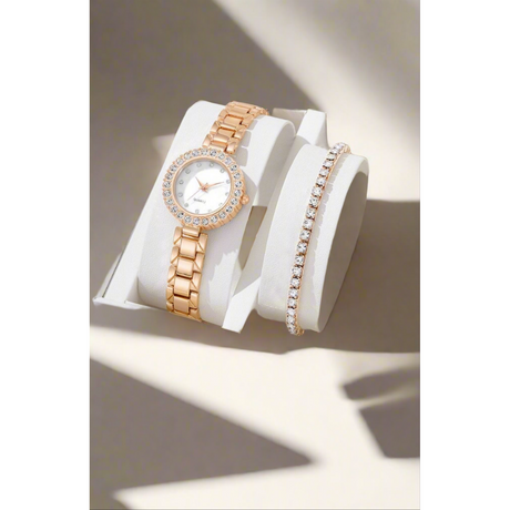 6in1 Elegant Ladies Rhinestone Encrusted Gift Set Watch, Necklace, 2 Bracelets, Earrings & Ring Rose Gold Jewelry