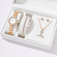 6in1 Elegant Ladies Rhinestone Encrusted Gift Set Watch, Necklace, 2 Bracelets, Earrings & Ring Rose Gold Jewelry Accessories Jewelry Sets