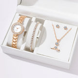 6in1 Elegant Ladies Rhinestone Encrusted Gift Set Watch, Necklace, 2 Bracelets, Earrings & Ring Rose Gold Jewelry Accessories Jewelry Sets