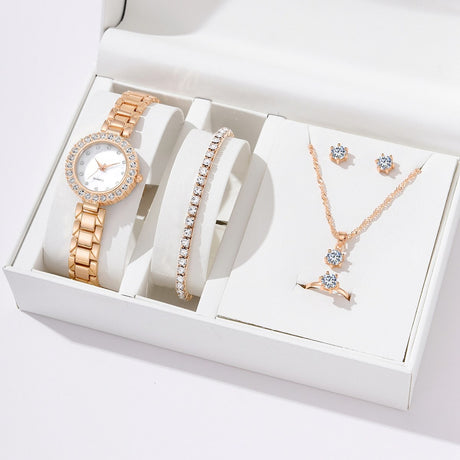 6in1 Elegant Ladies Rhinestone Encrusted Gift Set Watch, Necklace, 2 Bracelets, Earrings & Ring Rose Gold Jewelry