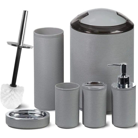 6pcs Bathroom Accessories Set Durable Plastic, Mildew Free, Elegant Design (Soap Dispenser, Toothbrush Holder, Toilet Brush, Trash Can)