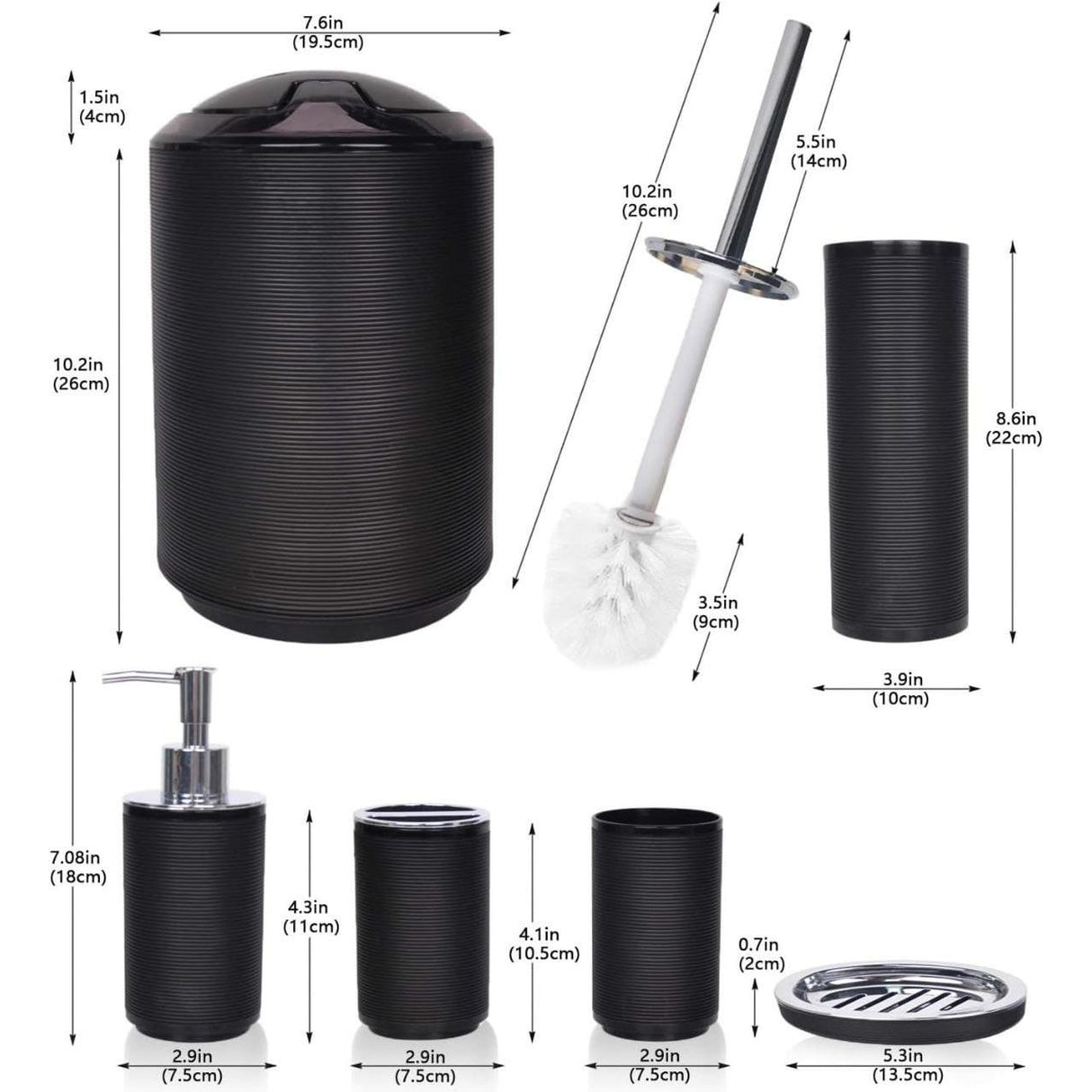 6pcs Bathroom Accessories Set Durable Plastic, Mildew Free, Elegant Design (Soap Dispenser, Toothbrush Holder, Toilet Brush, Trash Can)