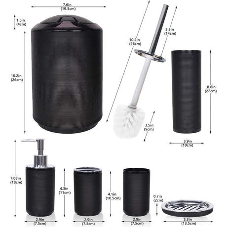 6pcs Bathroom Accessories Set Durable Plastic, Mildew Free, Elegant Design (Soap Dispenser, Toothbrush Holder, Toilet Brush, Trash Can)