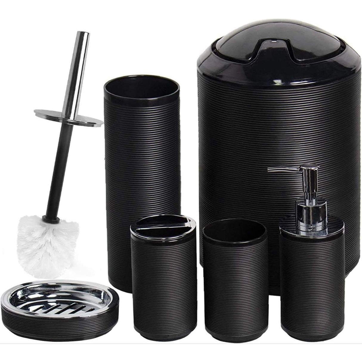 6pcs Bathroom Accessories Set Durable Plastic, Mildew Free, Elegant Design (Soap Dispenser, Toothbrush Holder, Toilet Brush, Trash Can)