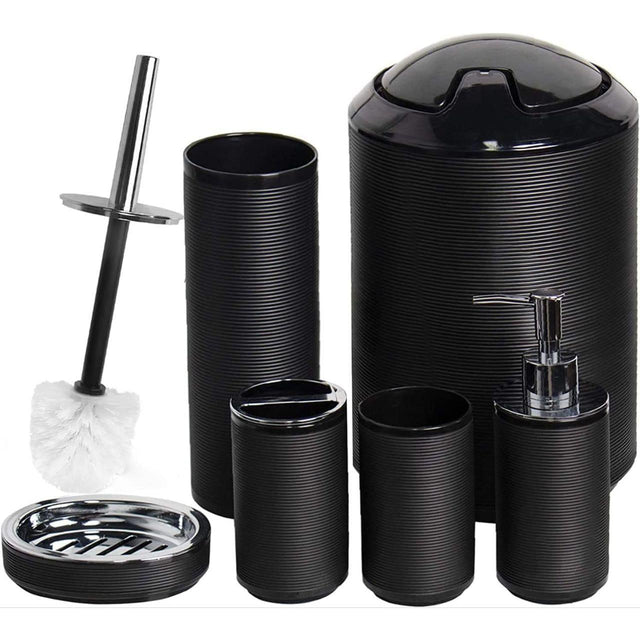 6pcs Bathroom Accessories Set Durable Plastic, Mildew Free, Elegant Design (Soap Dispenser, Toothbrush Holder, Toilet Brush, Trash Can)