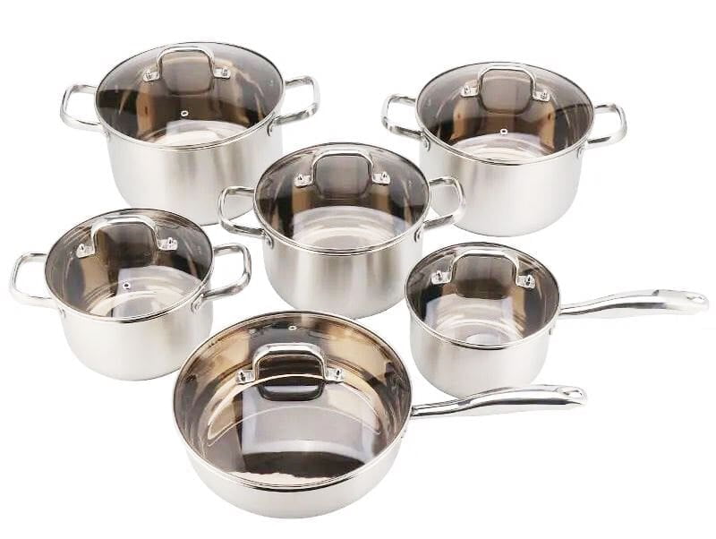 12 Piece Stainless Steel Cookware Set |Heavy Duty with Clear Lids and Ergonomic Handles