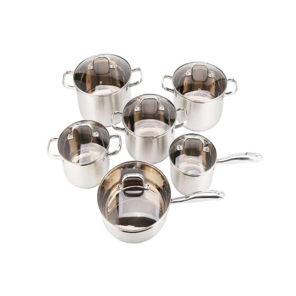 12 Piece Stainless Steel Cookware Set |Heavy Duty with Clear Lids and Ergonomic Handles