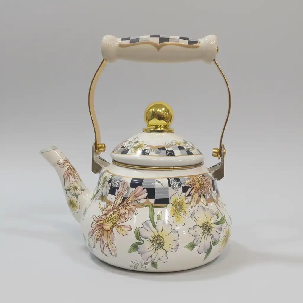 Floral Pattern Enamel Tea Kettle Kitchen & Dining Stovetop Kettles