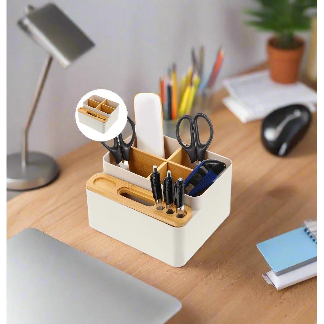 MultiPurpose Adjustable Rectangular Desktop Offfice Organizer with Dividers & Wooden Cover | White |Multipurpose Storage Organizer | Simple Tissue Box | Home Desks | Office Desks | Workspaces