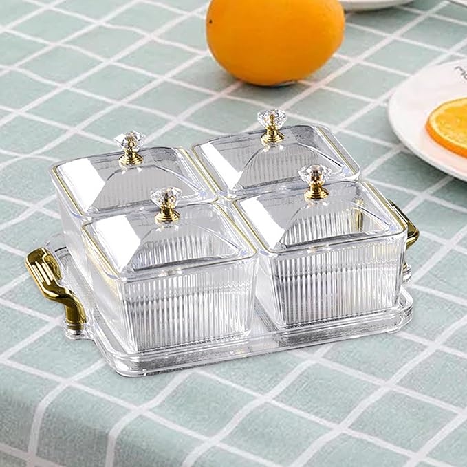 Acrylic Snack Serving Tray 22x22cm Tray with 4pcs 300ml Storage Boxes Clear 4 Grid.