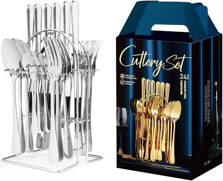 24pcs Stainless Steel Silver Cutlery Set – Elegant and Durable Flatware for Home and Dining- Furaha Finds Kenya