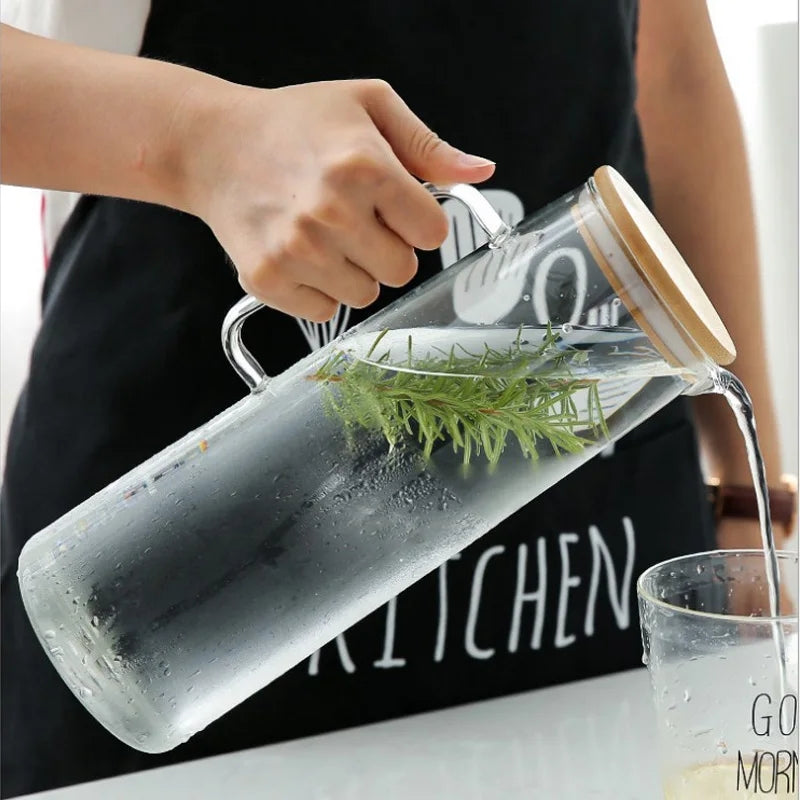 Transparent 1700ml Glass Borosilicate Water Pitcher Jug with Handle and Bamboo Lid | Multifunctional | Juice, Milk, Black Tea, Coffee