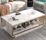 Marble Textured Coffee Table – 100×50×40cm Double Layer White Modern Living Room Table