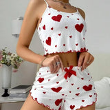 Women’s Heart Print Summer Sleepwear Set – Backless Crop Cami Top and Shorts Loungewear
