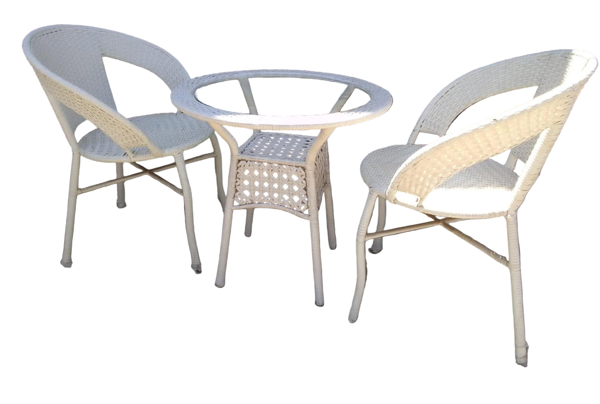 3-Piece Outdoor Rattan Bistro Set – Glass Top Table with Two Chairs for Balcony and Garden