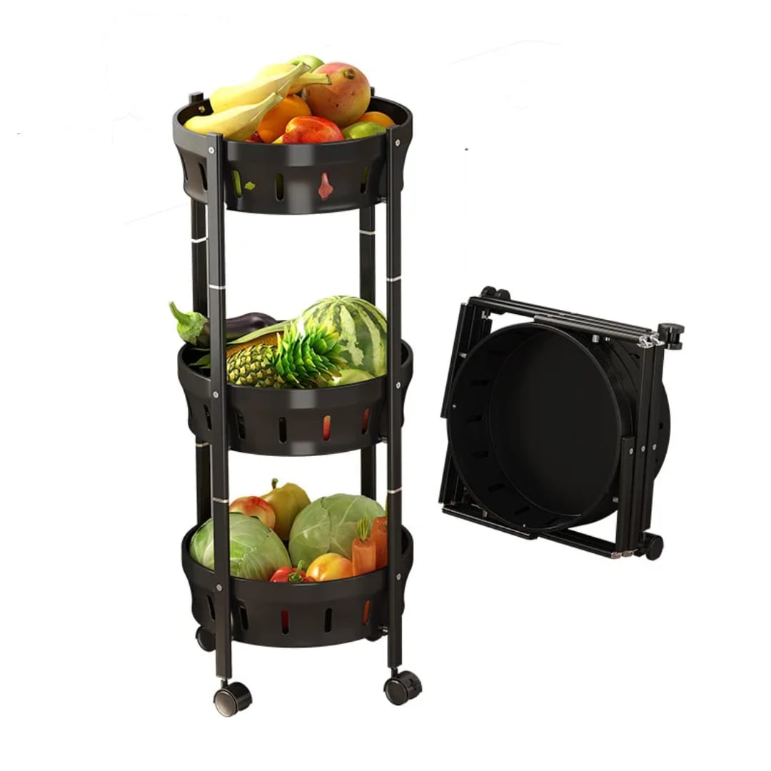 Foldable 360° Rotating Vegetable and Fruit Rack – Multi-Layer Storage Organizer with Lockable Wheels