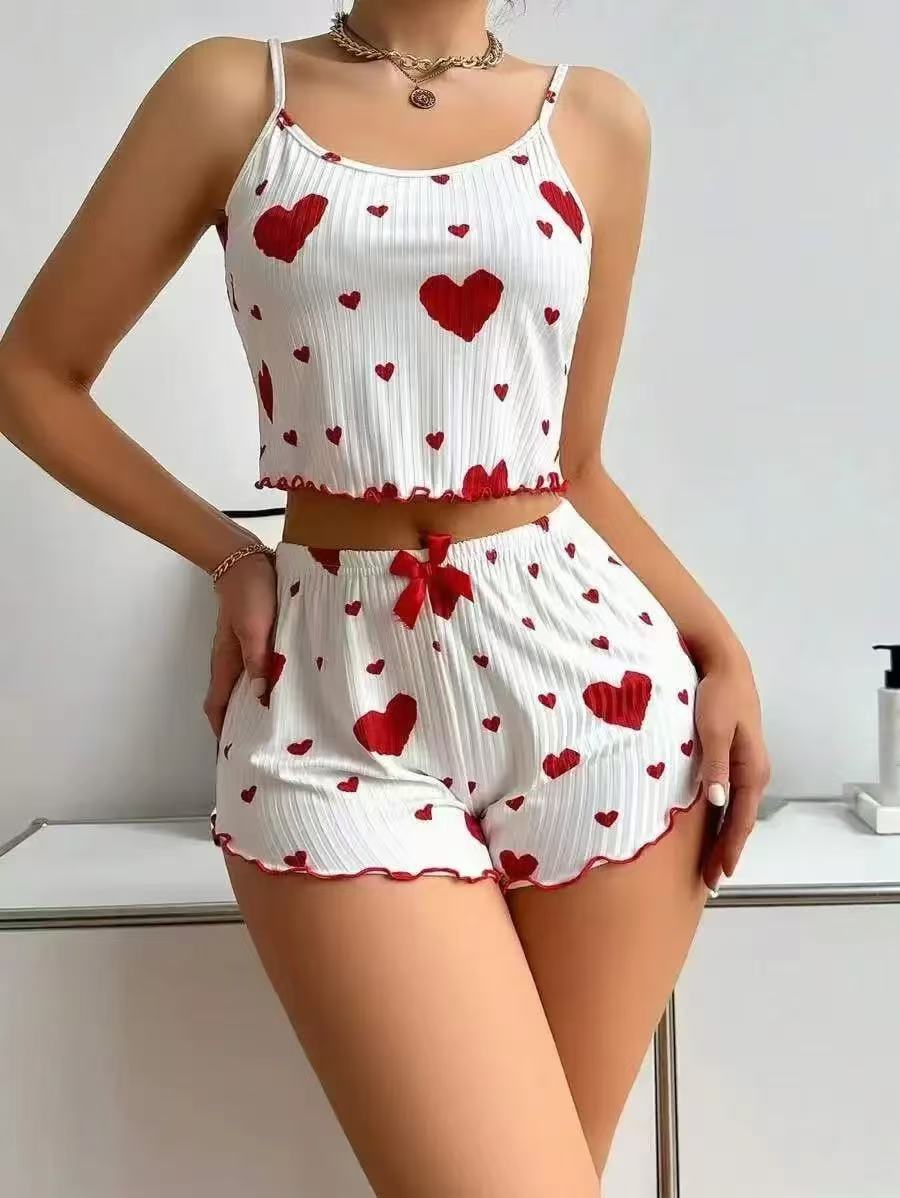 Women’s Heart Print Summer Sleepwear Set – Backless Crop Cami Top and Shorts Loungewear
