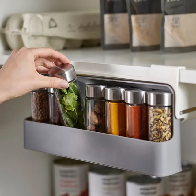 7pc Under Shelf Spice Holder Rack with Clear Jars and Black Lids for Organized Kitchen Storage Storage & Organization