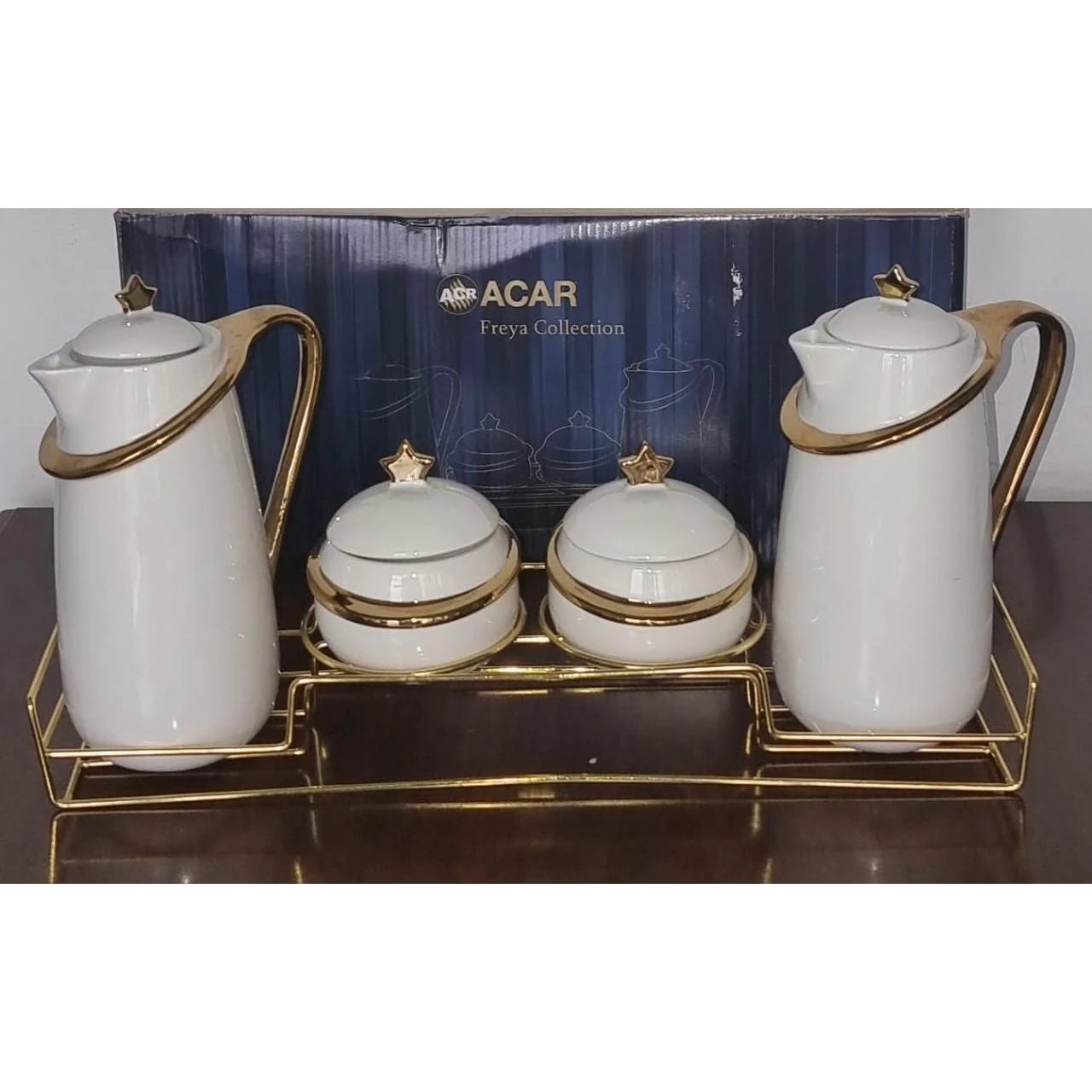 7pcs Acar Ceramic Golden Set with Jugs and Sugar Dishes Airtight Lids Glassware Tableware