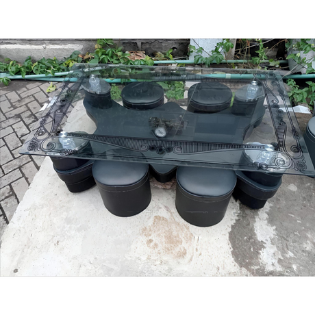 8-Seater Elegant Glass Coffee Table Set with Ottoman Stools and Black Floral Frame Design