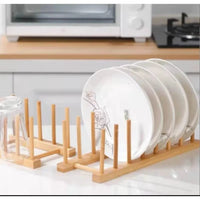 8 Slot Bamboo Plate Rack Holder for Dish Drying or Display Kitchen Racks Kitchen Organizers