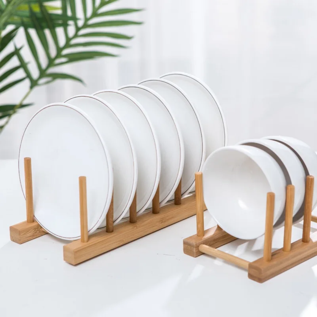 8 Slot Bamboo Plate Rack Holder for Dish Drying or Display