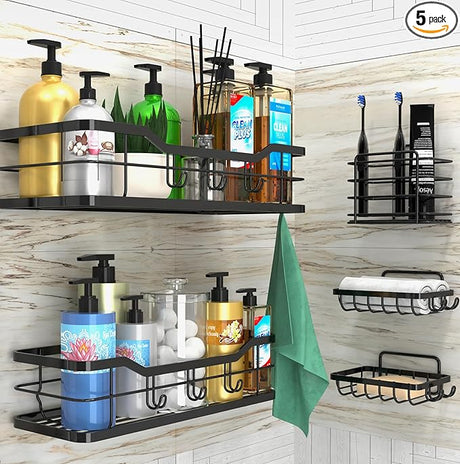 Furaha Finds Stainless Steel Space saving 5Piece Bathroom Organizer Set Durable shower caddies and soap holders for modern bathroom organization.