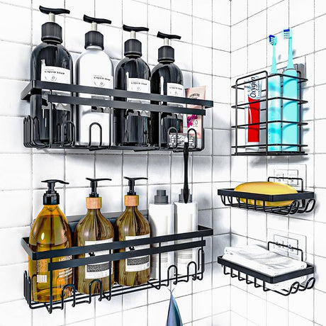 Furaha Finds Stainless Steel Space saving 5Piece Bathroom Organizer Set Durable shower caddies and soap holders for modern bathroom organization.