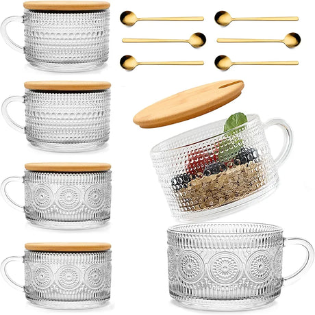 370ml Capacity Vintage Glass Transparent Mug with Bamboo Lid & Golden Spoon Coffee Cereal Fruits- Furaha Finds Kenya