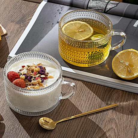 370ml Capacity Vintage Glass Transparent Mug with Bamboo Lid & Golden Spoon Coffee Cereal Fruits- Furaha Finds Kenya
