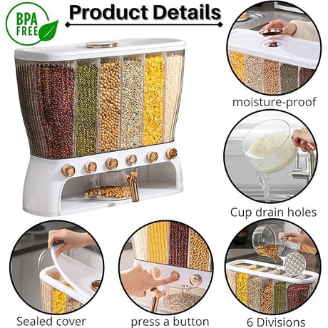 6 Grid Compartments Plastic Transparent Automatic Cereal Dispenser | Kitchen Cereals Storage Container- Furaha Finds Kenya