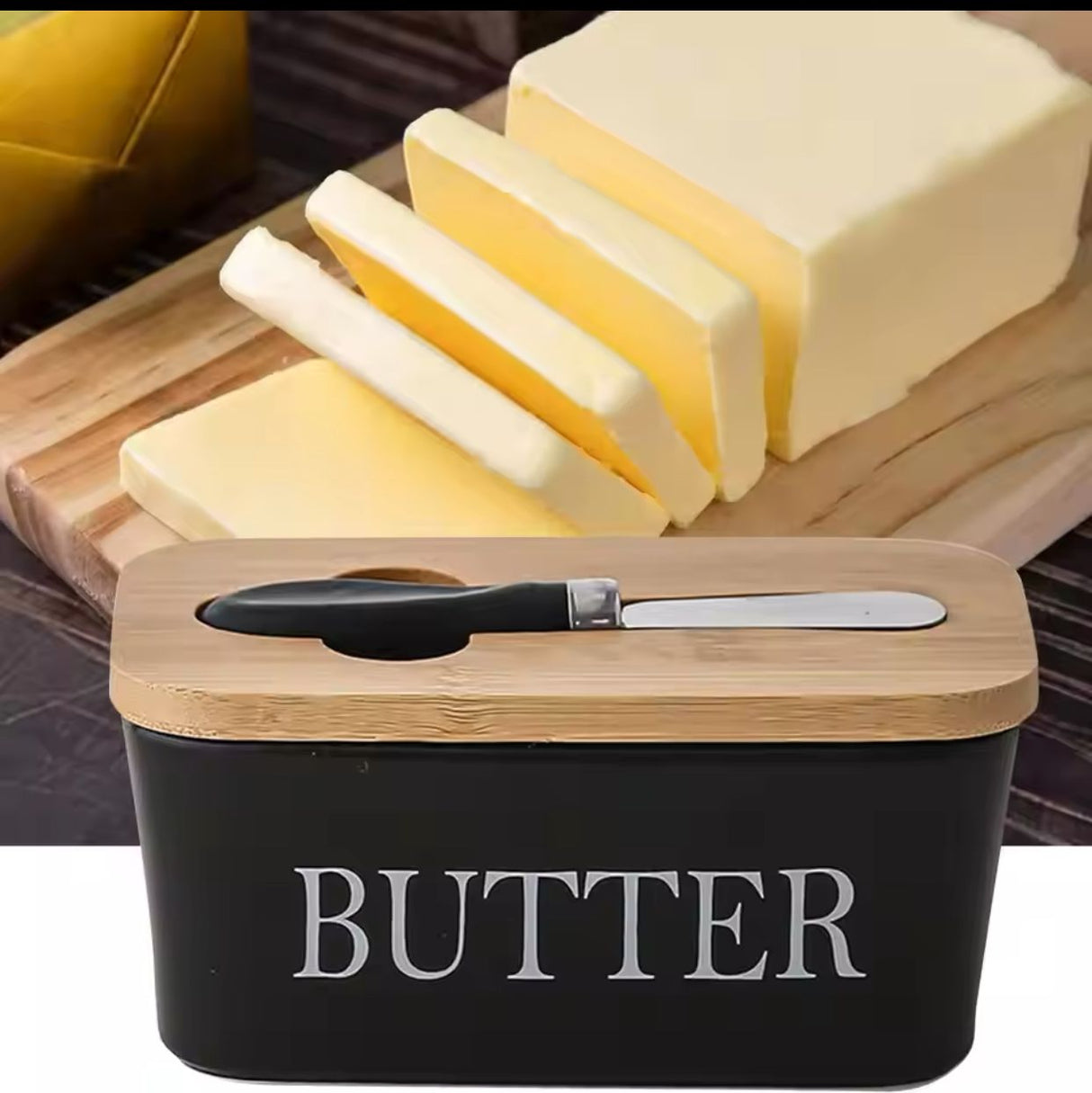 Ceramic Butter Dish with Bamboo Lid and Butter Knife - 600ml