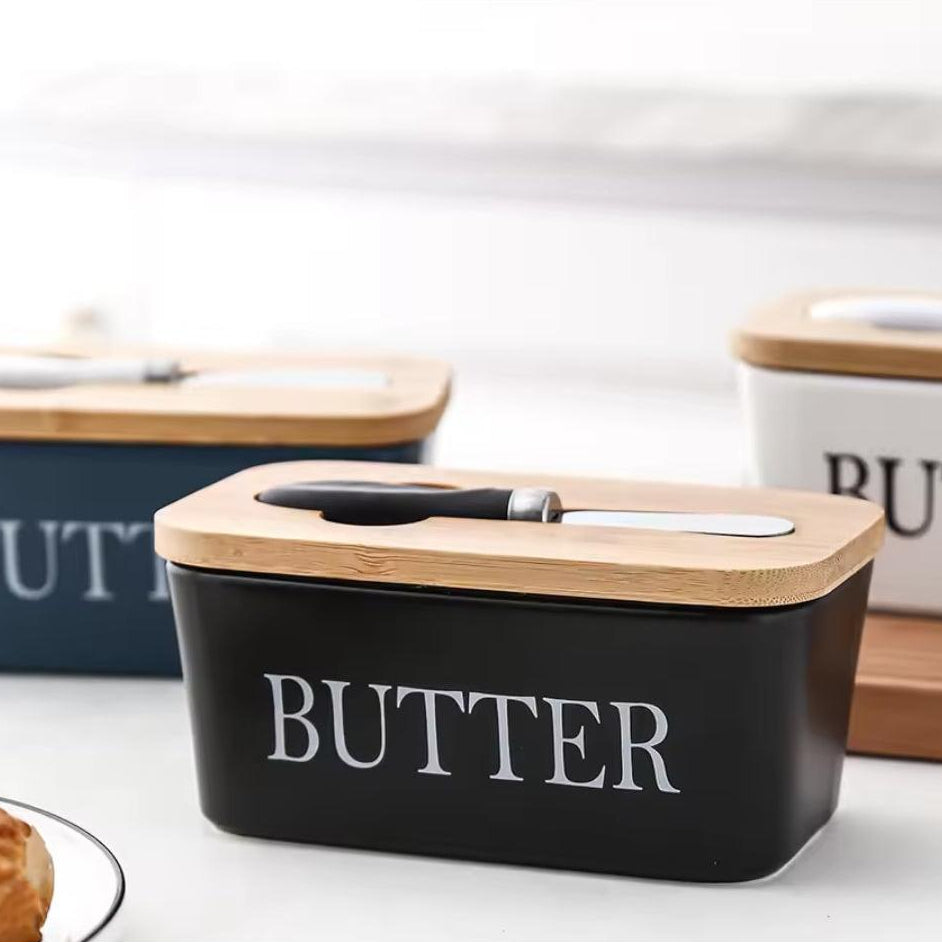 Ceramic Butter Dish with Bamboo Lid and Butter Knife - 600ml