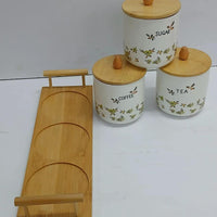 Ceramic Tea, Coffee, Sugar Canisters – White Set with Bamboo Lids and Tray food storage containers Food Storage Containers