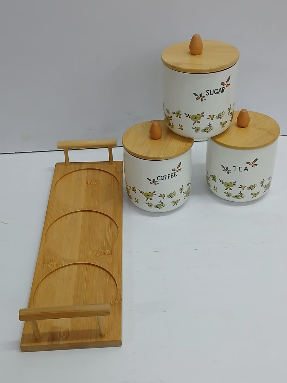 Ceramic Tea, Coffee, Sugar Canisters – White Set with Bamboo Lids and Tray