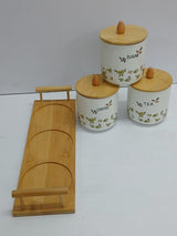 Ceramic Tea, Coffee, Sugar Canisters – White Set with Bamboo Lids and Tray