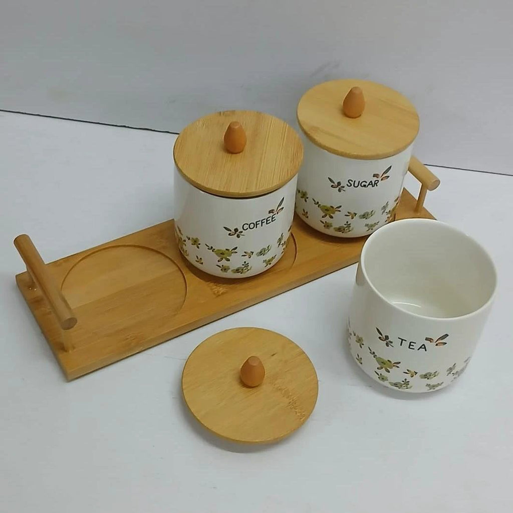 Ceramic Tea, Coffee, Sugar Canisters – White Set with Bamboo Lids and Tray food storage containers Food Storage Containers
